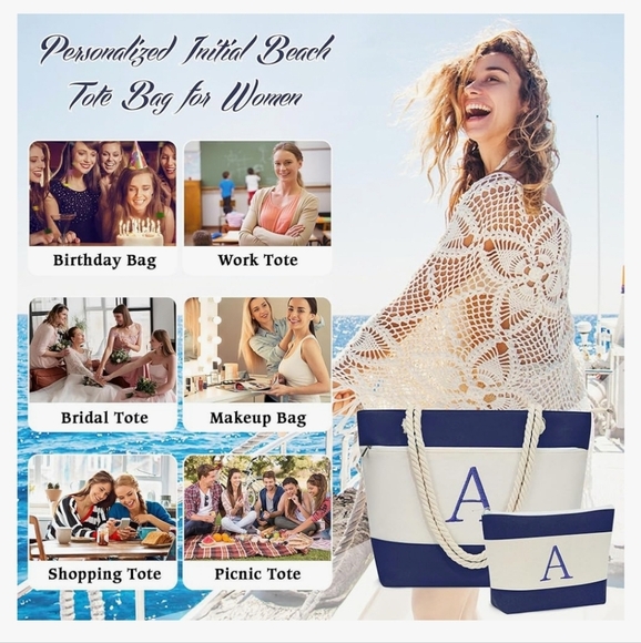 Beach Canvas Bags for Women Initial Tote Waterproof Bag & Cosmetic Bag "M" - Picture 6 of 6